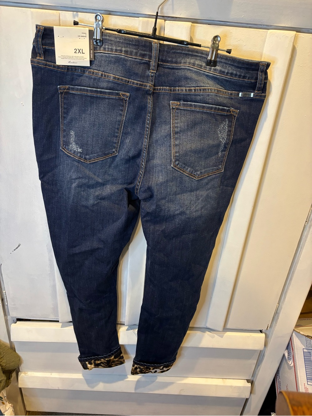 KanCan Dark Blue Distressed Skinny Jeans with Leopard Accents - Picture 2 of 4